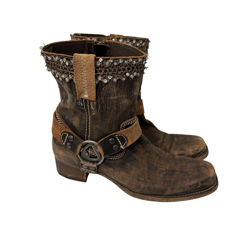 Bed Stu Boots Womens 9 Roma Harness Ankle Rhinestones Brown Leather Distressed